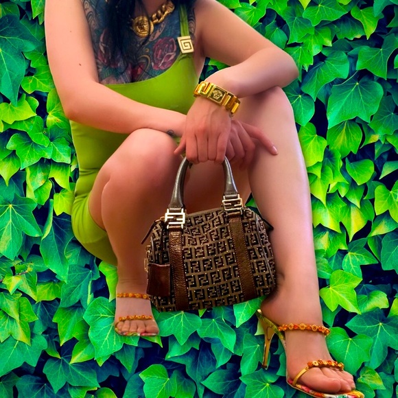 Fendi Zuchino Metallic Tobacco Brown Studded Gold Mini Forever Boston - Picture 5 of 13